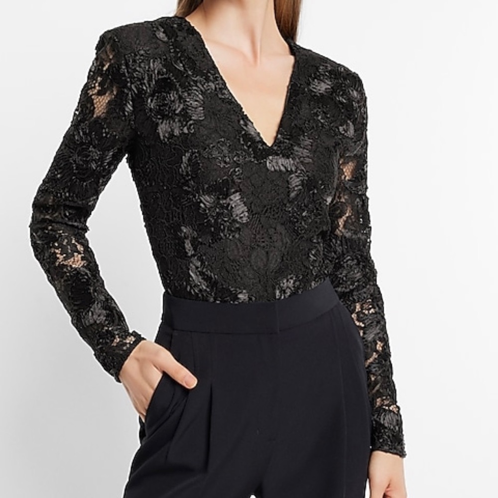 Woman express black Lace Embroidered V-neck Long sleeve thong bodysuit small - Picture 1 of 5